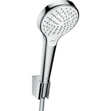 Douchette Hansgrohe, type pommeau de douche, couleur chromée et blanche, fixation murale.