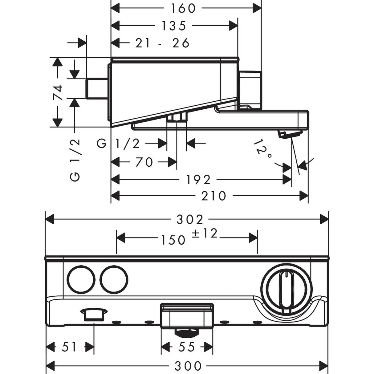 Schéma technique mitigeur de baignoire Grohe chromé, vue dimensions et raccordements