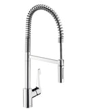 Mitigeur de cuisine Hansgrohe, robinet à ressort, finition chromée, design moderne.