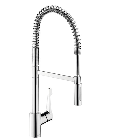 Mitigeur de cuisine Hansgrohe, robinet à ressort, finition chromée, design moderne.
