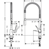 Mitigeur de cuisine Grohe, robinet inox avec bec flexible et dimensions détaillées en noir.