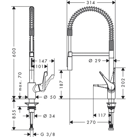 Mitigeur de cuisine Grohe, robinet inox avec bec flexible et dimensions détaillées en noir.