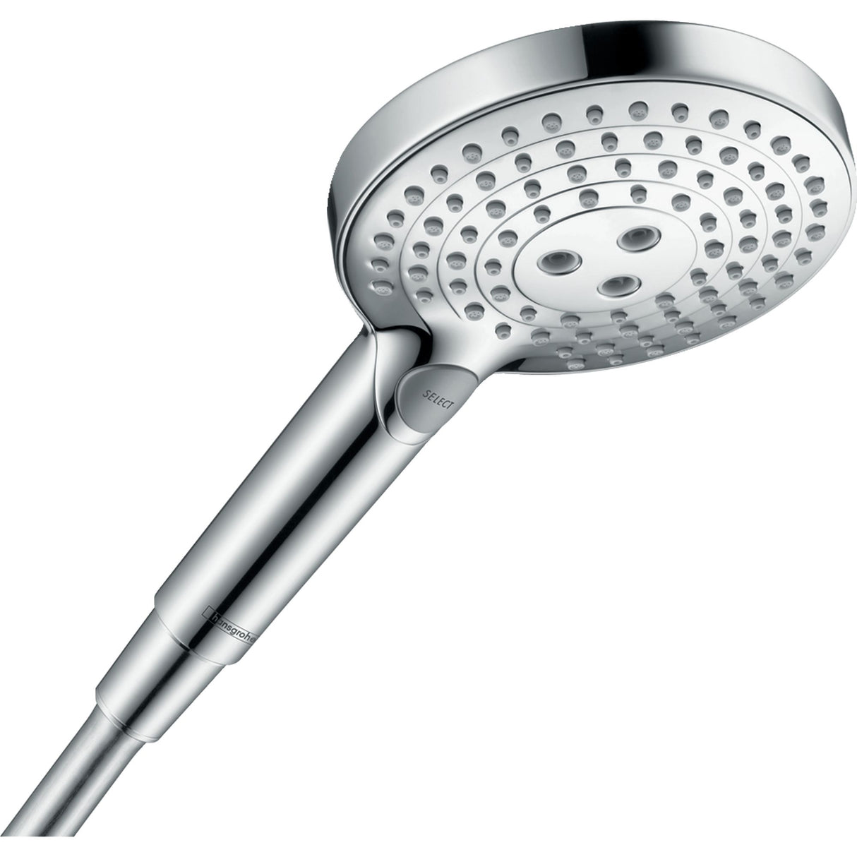 Douchette Hansgrohe chromée, pommeau de douche rond, couleur argentée.