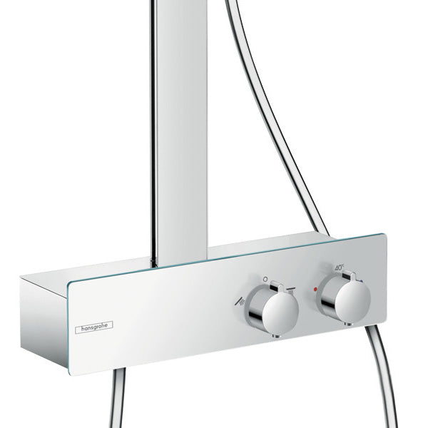 Mitigeur thermostatique Hansgrohe chromé pour douche, design moderne avec deux poignées rondes.