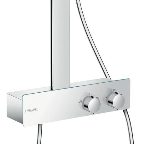 Mitigeur thermostatique Hansgrohe chromé pour douche, design moderne avec deux poignées rondes.