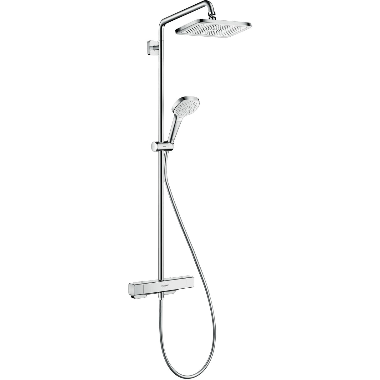 Colonne de douche Hansgrohe, ensemble robinetterie, couleur chrome, design moderne.
