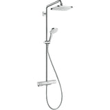 Colonne de douche Hansgrohe, ensemble robinetterie, couleur chrome, design moderne.