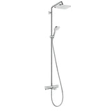Colonne de douche Hansgrohe, chrome, avec douchette et pommeau carré design moderne.