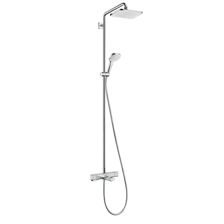 Colonne de douche Hansgrohe, chrome, avec douchette et pommeau carré design moderne.