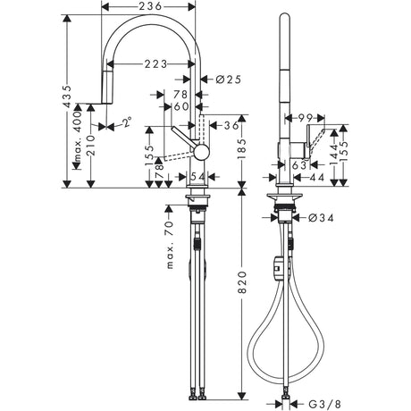 Mitigeur Grohe, robinet de cuisine chromé, schéma technique et dimensions visibles