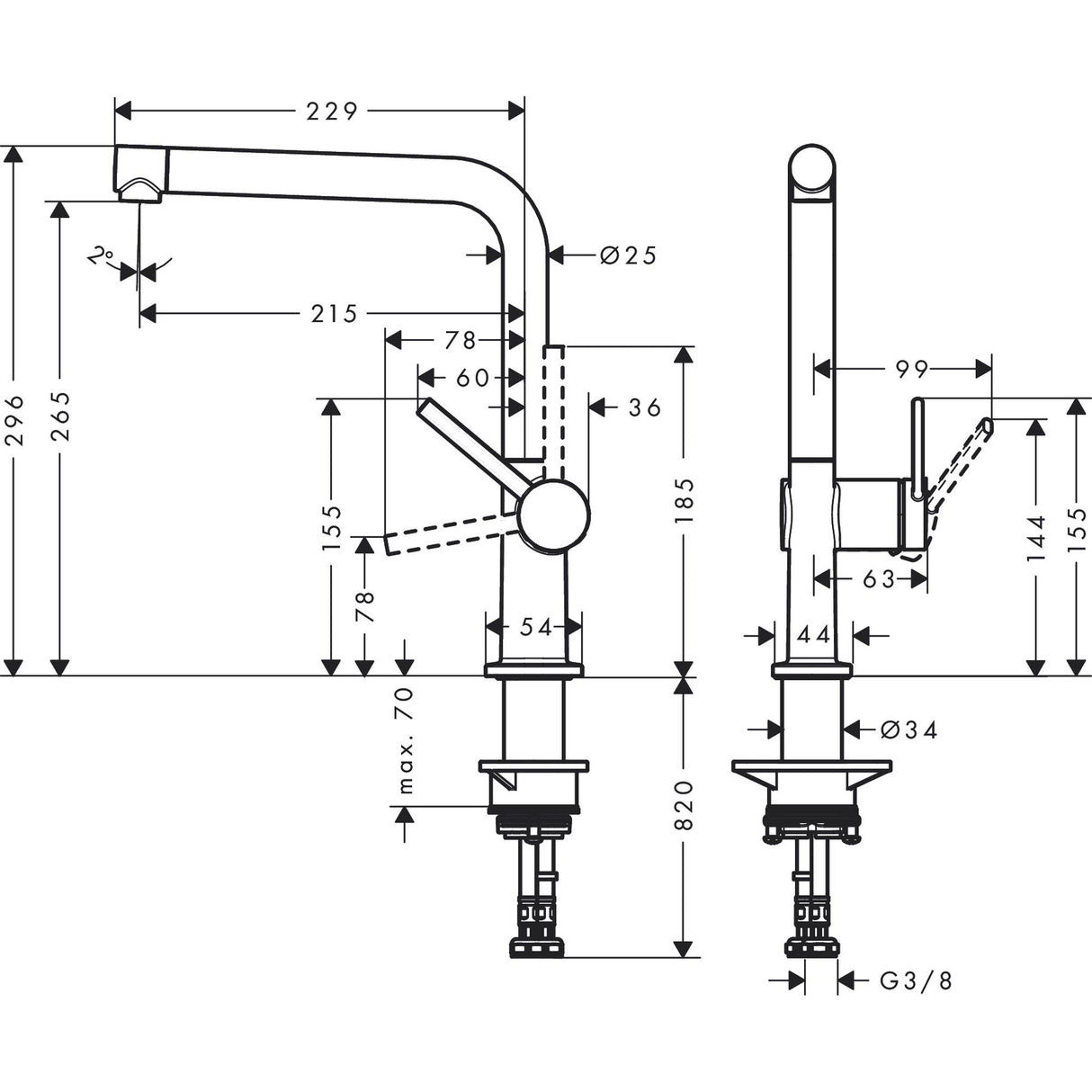 Schéma technique mitigeur Grohe, robinet de cuisine chromé, dimensions détaillées.