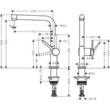 Schéma technique mitigeur Grohe, robinet de cuisine chromé, dimensions détaillées.