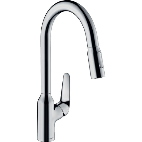 Mitigeur de cuisine Hansgrohe chromé avec douchette extractible, robinet design moderne argenté