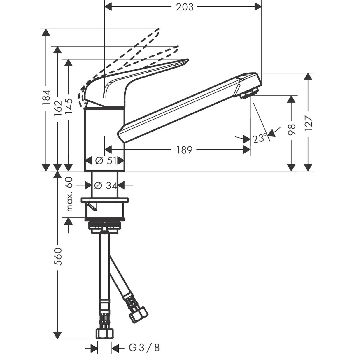 Schéma technique mitigeur de cuisine Grohe, robinet chromé avec dimensions détaillées.