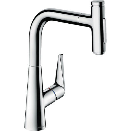 Mitigeur Hansgrohe, robinet de cuisine, finition chromée, design moderne.