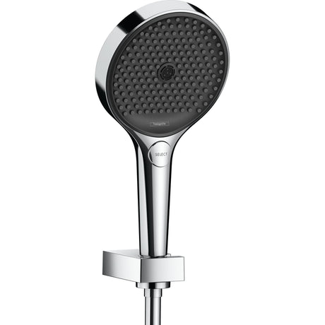 Douchette Hansgrohe, type pommeau de douche, couleur chrome et noir, design moderne.