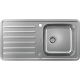 Évier inox Grohe, évier de cuisine rectangulaire, couleur argentée, bac unique avec égouttoir.
