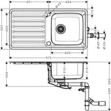 Evier Grohe, cuisine, inox, schéma technique avec dimensions détaillées.
