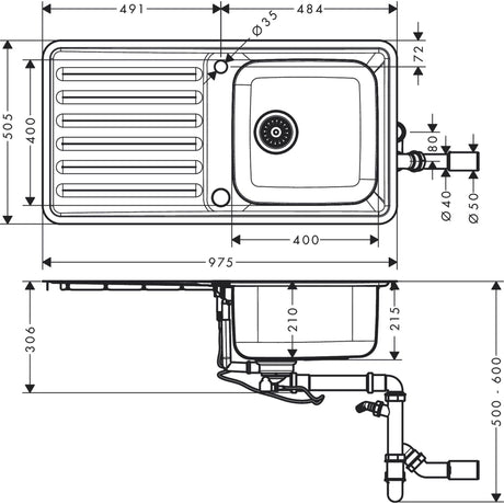 Evier Grohe, cuisine, inox, schéma technique avec dimensions détaillées.