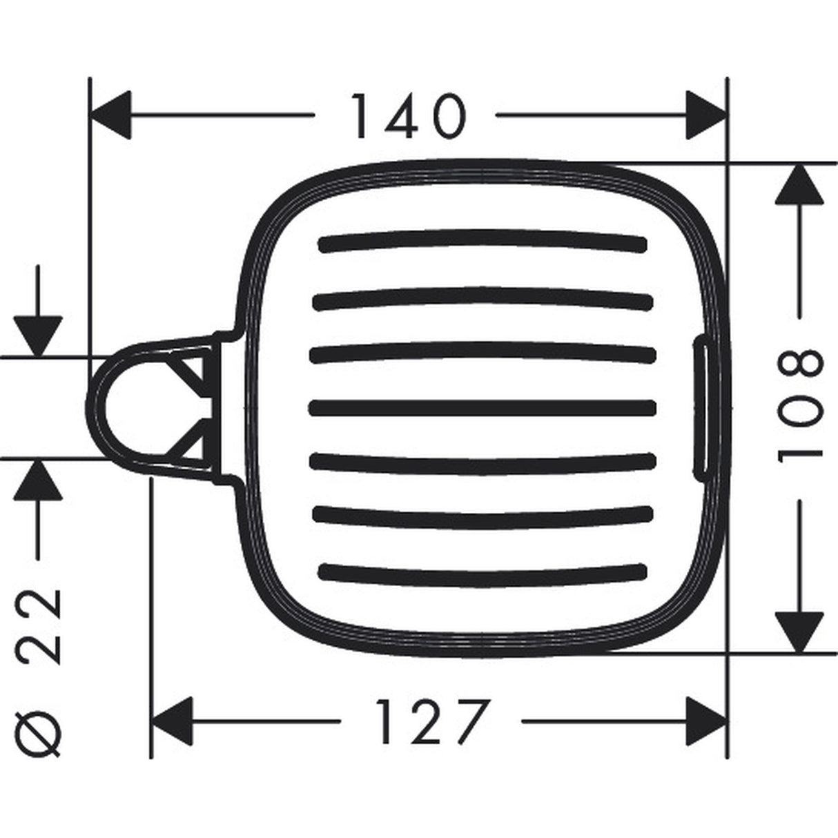 Bonde de douche Grohe, grille métallique rectangulaire argent, schéma technique avec mesures