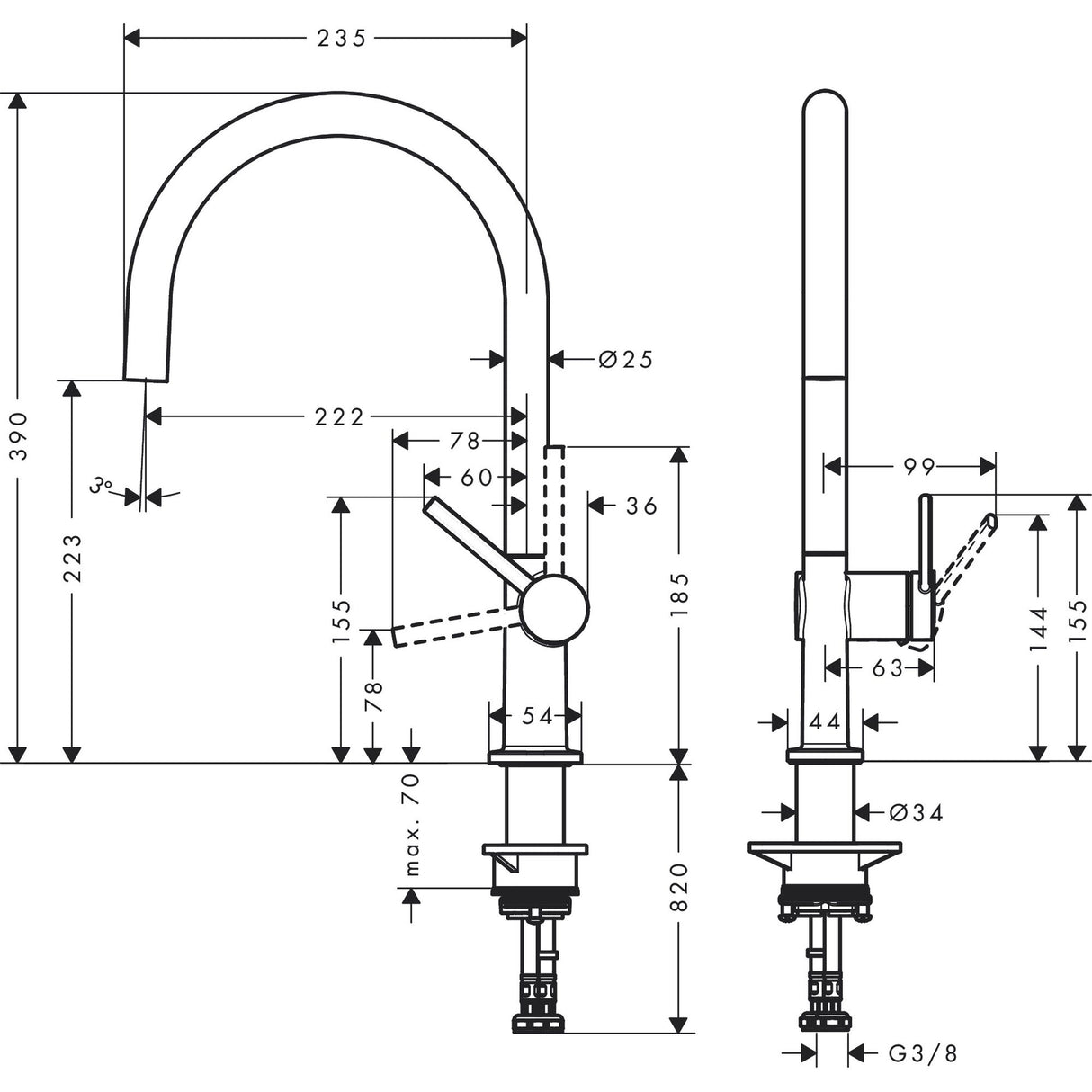 Mitigeur Grohe, robinet de cuisine chromé, plan avec dimensions, couleur argentée.
