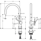 Mitigeur Grohe, robinet de cuisine chromé, plan avec dimensions, couleur argentée.