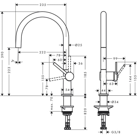 Mitigeur Grohe, robinet de cuisine chromé, plan avec dimensions, couleur argentée.