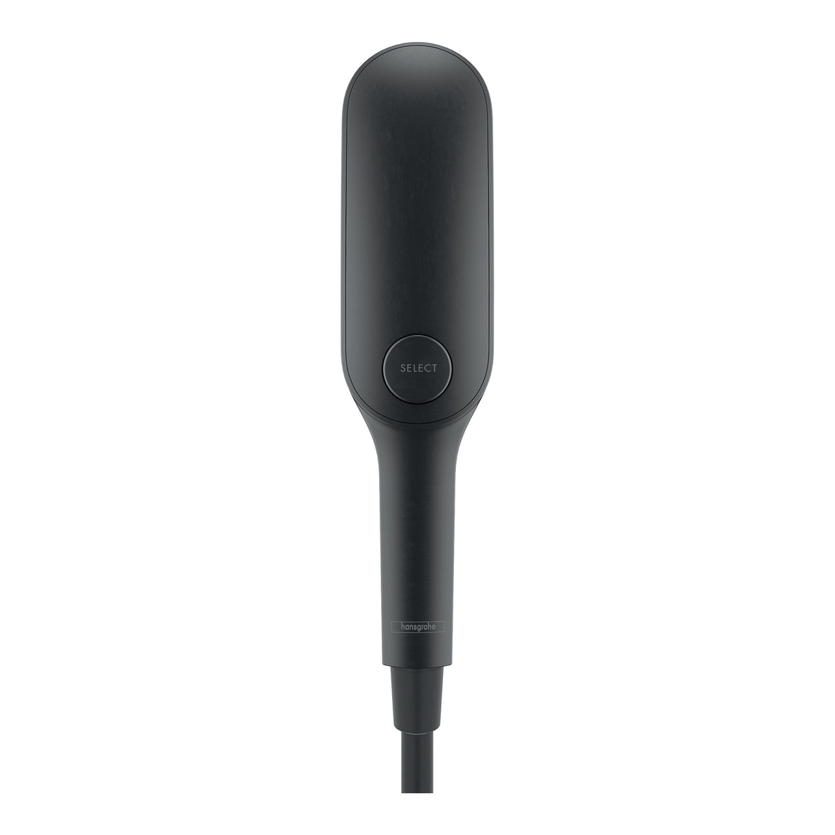 Pommeau de douche Hansgrohe noir mat, design moderne avec bouton Select visible.