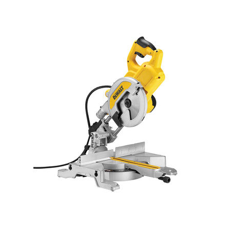 Scie à onglet DeWalt, outil électroportatif jaune et argent, pour coupe de précision.