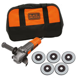 Meuleuse électrique Black+Decker orange et noire avec sacoche et cinq disques