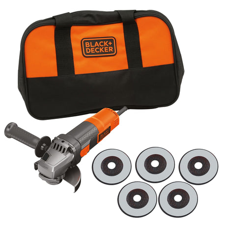 Meuleuse électrique Black+Decker orange et noire avec sacoche et cinq disques