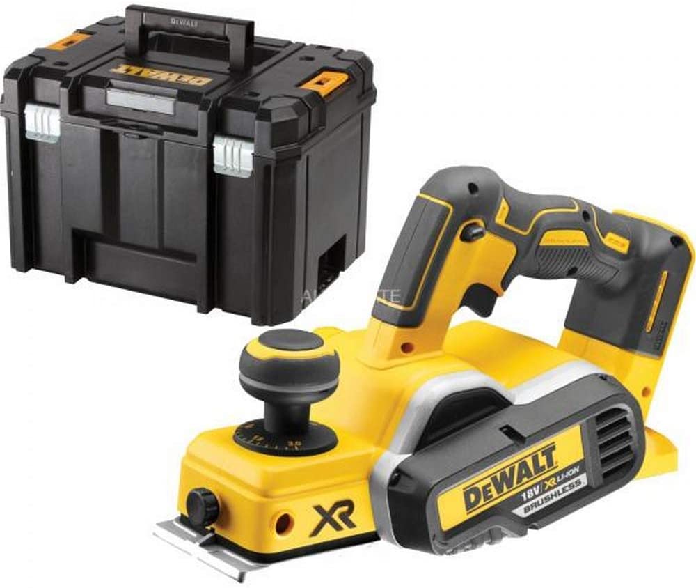 Raboteuse électrique DeWalt, outillage électroportatif jaune et noir, avec coffret de transport.