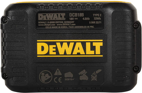 Batterie DEWALT noire pour outils électroportatifs, modèle DCB189, 18V, logo jaune visible