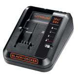 Chargeur de batterie Black+Decker, type chargeur lithium, couleur noir.