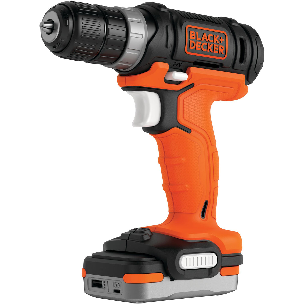 Perceuse visseuse Black+Decker sans fil, couleur orange et noire, outil électroportatif.