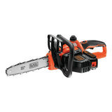 Tronçonneuse Black+Decker électroportative, couleur orange et noire.