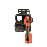 Tronçonneuse Black+Decker sans fil, couleur orange et noire, vue latérale.