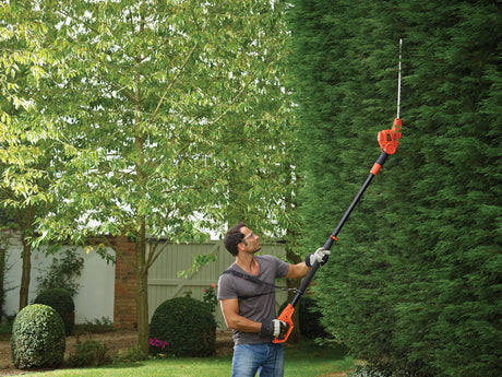 Taille-haie télescopique Black+Decker orange utilisé pour tailler une haie verte