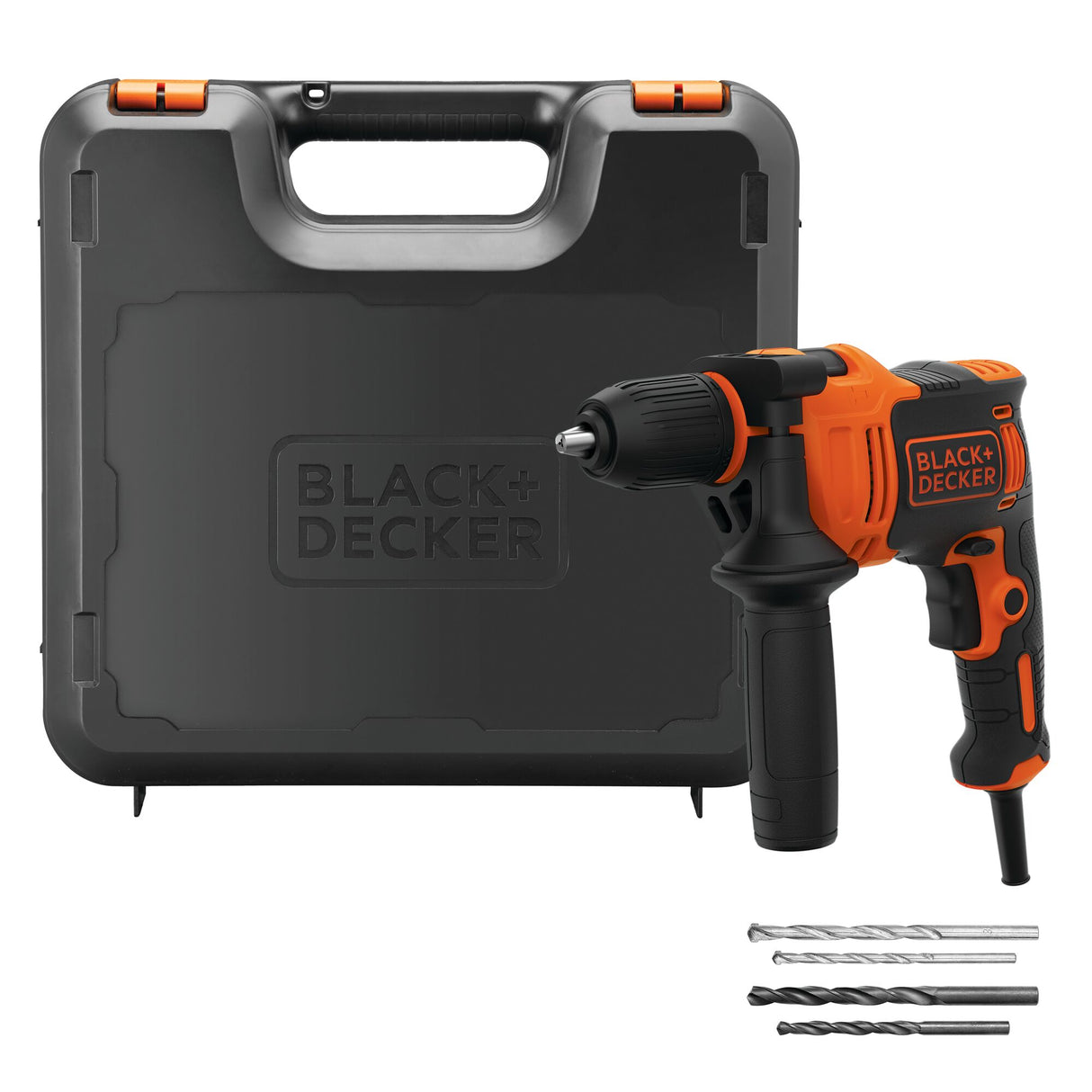 Perceuse électrique BLACK+DECKER orange et noire avec coffret et forets