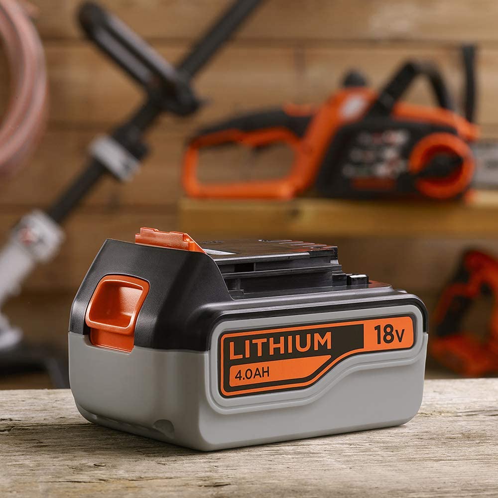 Batterie lithium Black+Decker, bloc d'alimentation 18V, 4,0Ah, couleur noire et orange.