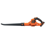 Souffleur Black+Decker sans fil, couleur orange et noir, outil de jardinage.