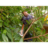 Taille-haie orange Bosch utilisé pour tailler des branches vertes dans un jardin
