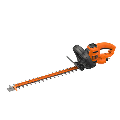 Taille-haie électrique Black+Decker orange et noir, outil de jardinage puissant.