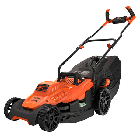 Tondeuse à gazon Black+Decker, modèle électrique orange et noir, 1600W 38cm.