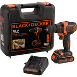 Perceuse-visseuse sans fil Black+Decker, couleur noire et orange, avec batterie et mallette.