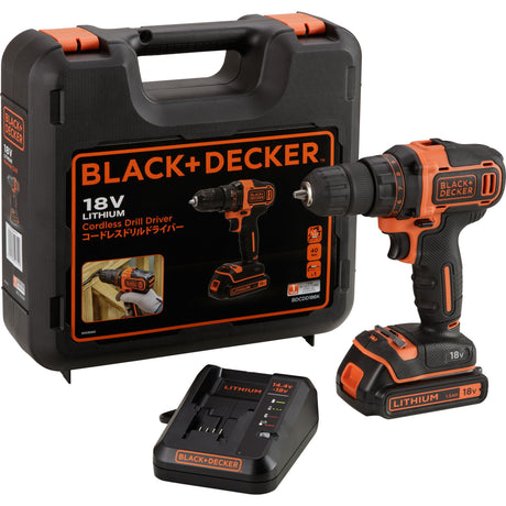 Perceuse-visseuse sans fil Black+Decker, couleur noire et orange, avec batterie et mallette.
