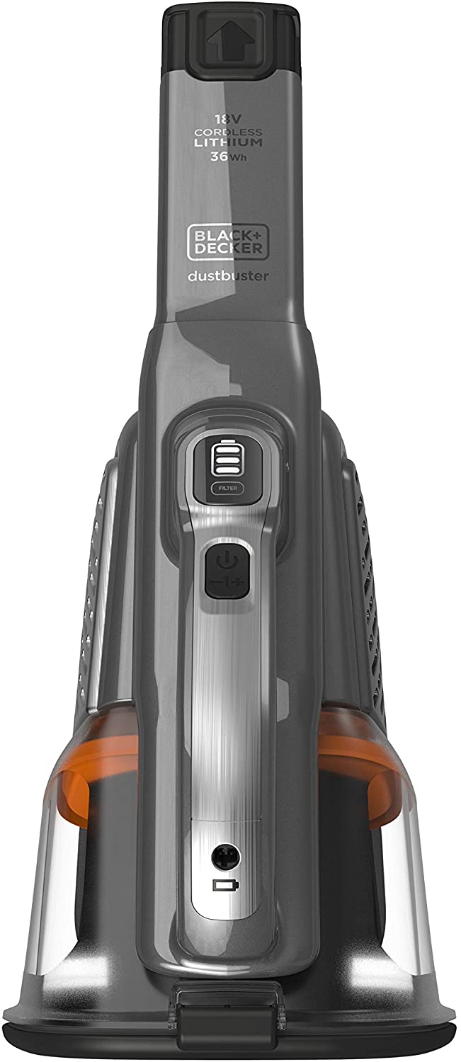 Aspirateur à main Black+Decker sans fil gris et orange, modèle Dustbuster.