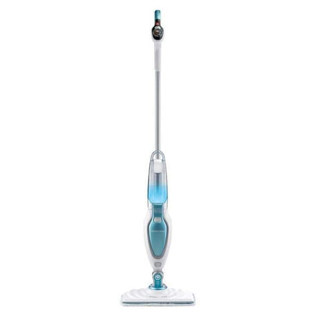Balai vapeur BLACK+DECKER, nettoyeur sol, blanc et bleu, modèle vertical.