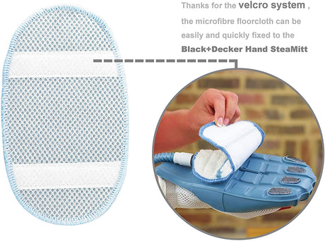 Gant vapeur Black+Decker, accessoire nettoyage microfibre, blanc et bleu.