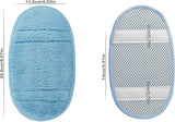 Gant de bain bleu, marque non visible, recto en tissu doux, verso maille antidérapante.